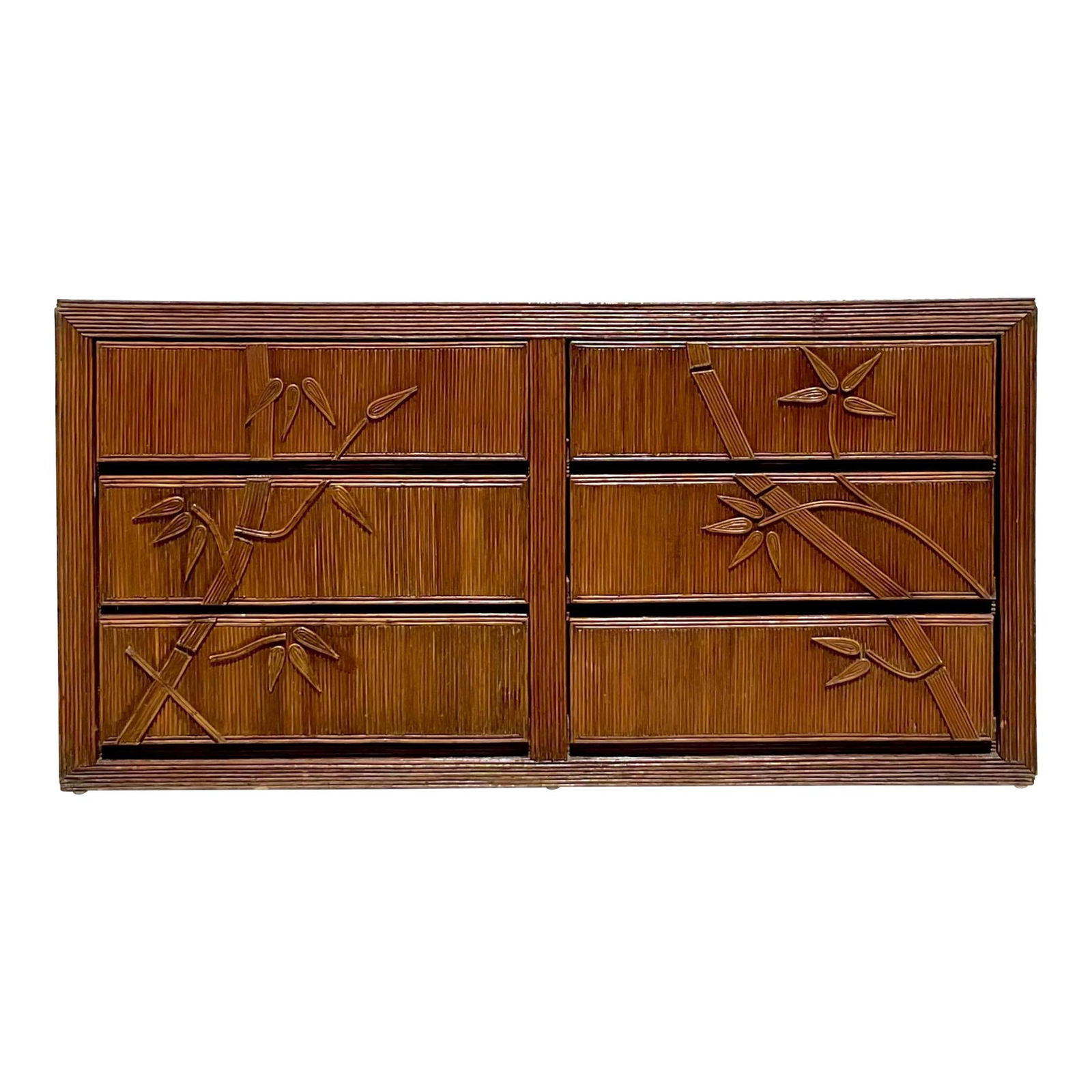 Vintage Coastal Bamboo Pencil Reed Dresser: Vintage Coastal Bamboo Pencil Reed Dresser Enhance your bedroom with the Vintage Coastal Bamboo Shoots Pencil Reed Dresser. This piece showcases intricate pencil reed detailing, exuding a relaxed coas