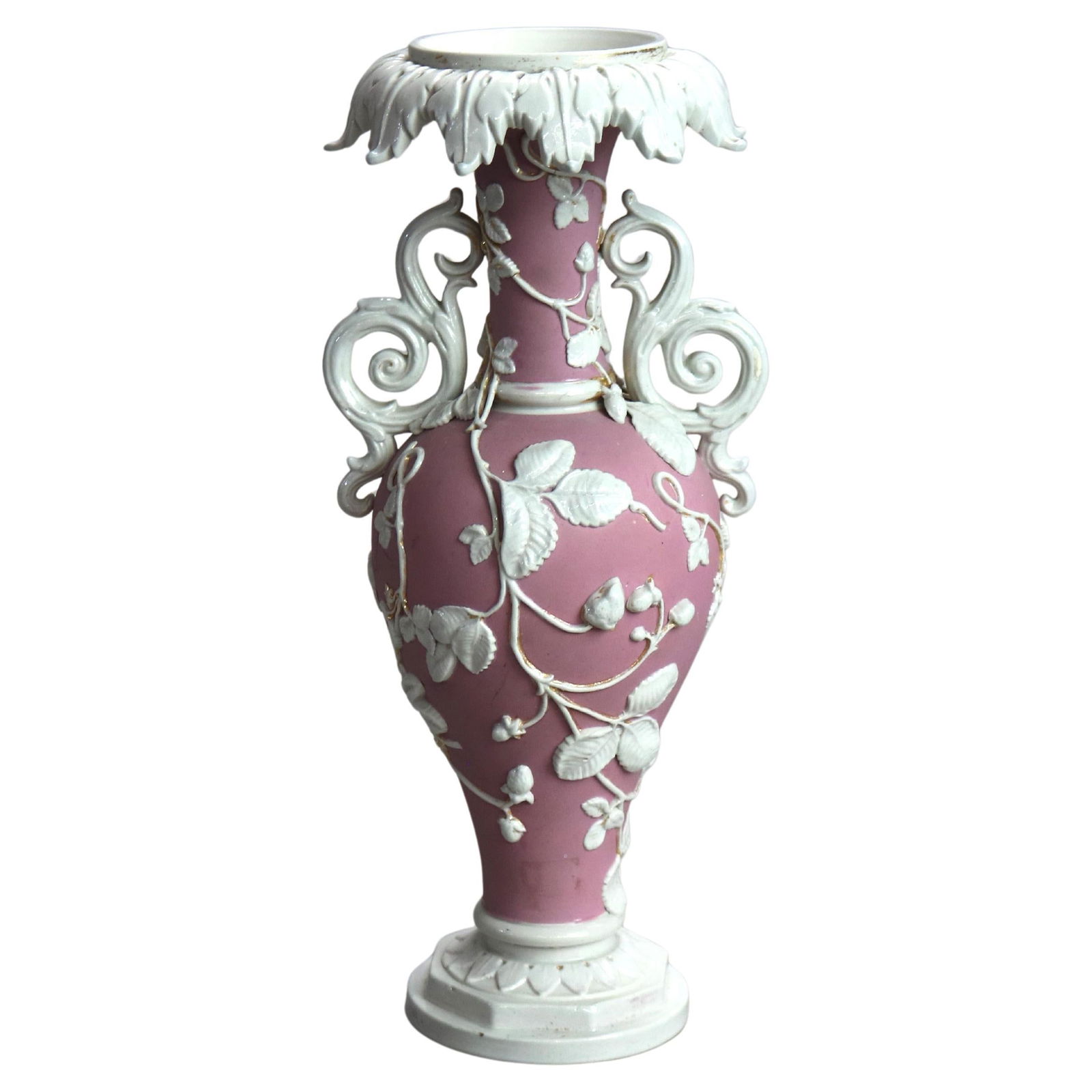 Antique Bennington Bisque Porcelain Vase C1910 Foliate Scroll Design: Antique Bennington Bisque Porcelain Vase C1910 Foliate Scroll Design This exquisite antique vase, crafted from Bennington English bisque porcelain and dating to circa 1910, showcases a delicate foliat