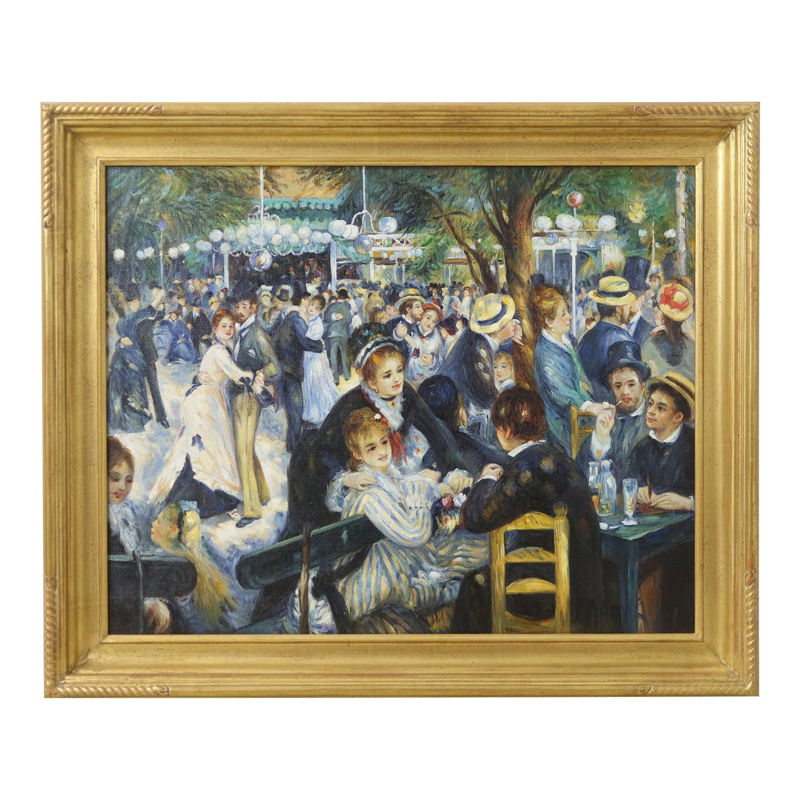 1980s French Street Scene Oil Painting in Gold Frame: 1980s French Street Scene Oil Painting in Gold Frame This stunning oil painting captures a vibrant French street scene from the 1980s, showcasing lively figures dancing at the renowned Moulin de Galet