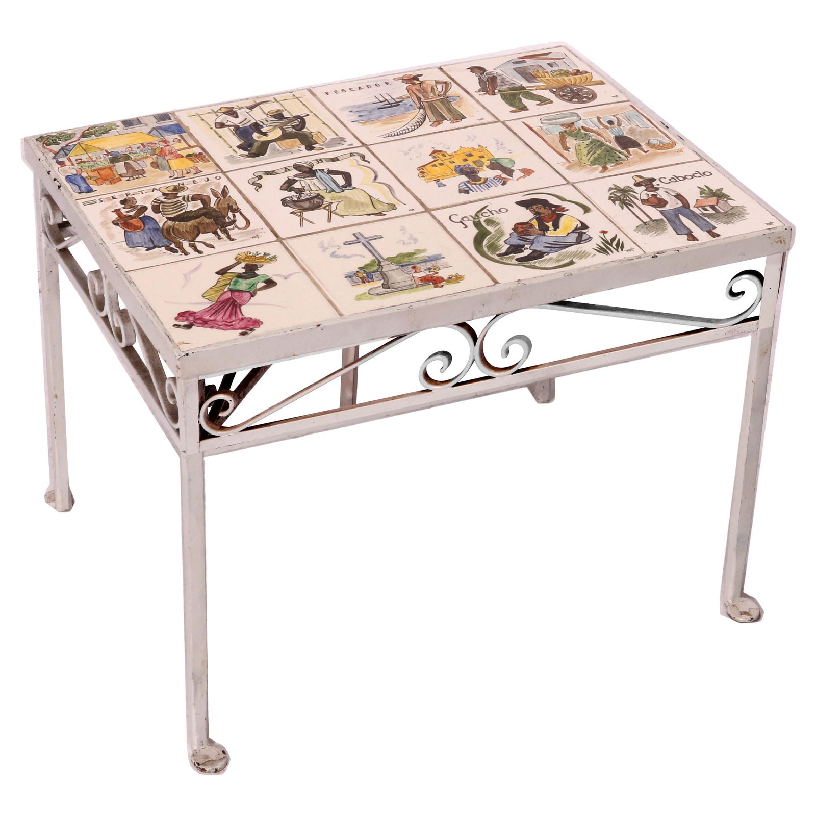 Antique Spanish Wrought Iron Table with Hand-Painted Tiles 1930: Antique Spanish Wrought Iron Table with Hand-Painted Tiles 1930 This exquisite antique Arts & Crafts table showcases a beautifully crafted wrought iron frame, characterized by intricate scrollwork typ