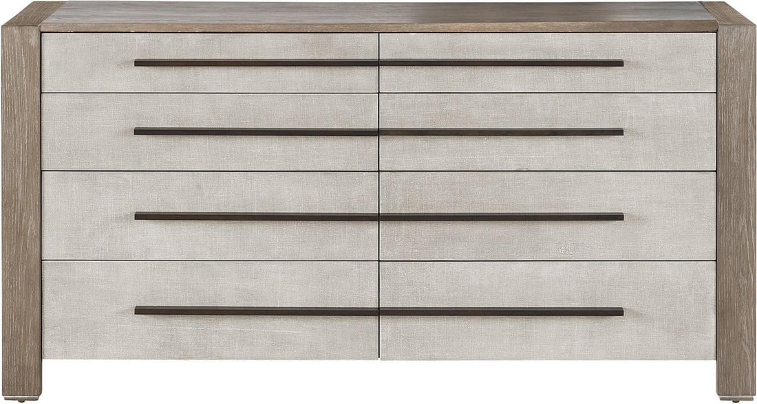 Universal Erinn V X Satin Bronze Oak Dresser 34H 68W 20D: Universal Erinn V X Satin Bronze Oak Dresser 34H 68W 20D Elevate your bedroom decor with this elegant Satin Bronze & Oak Dresser from the Erinn V X Universal collection. Featuring a weathered oak fini