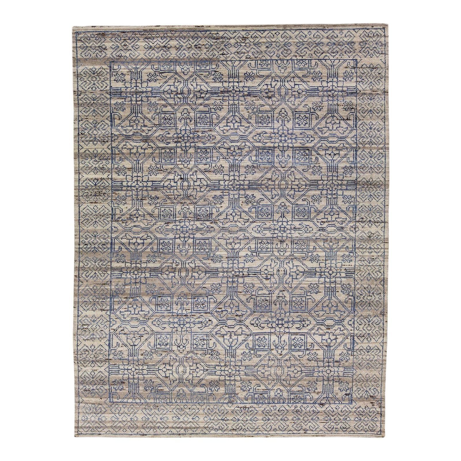 Handmade Geometric Modern Indian Wool Rug Gray Blue 10'5 x 13'8: Handmade Geometric Modern Indian Wool Rug Gray Blue 10'5 x 13'8 Elevate your living space with this exquisite handmade geometric modern Indian wool rug. Featuring an elegant all-over geometric design