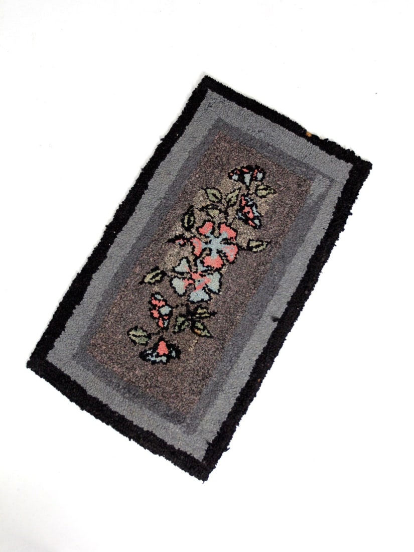 19th Century Antique Hooked Rug Black Gray Floral Design (1 of 10)