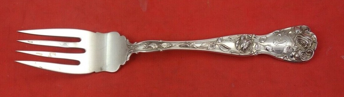 Shiebler American Beauty Sterling Silver Salad Fork Monogrammed 6 1/4": Shiebler American Beauty Sterling Silver Salad Fork Monogrammed 6 1/4" This exquisite salad fork is a stunning example of the American Beauty pattern crafted by Shiebler. Made of high-quality sterling