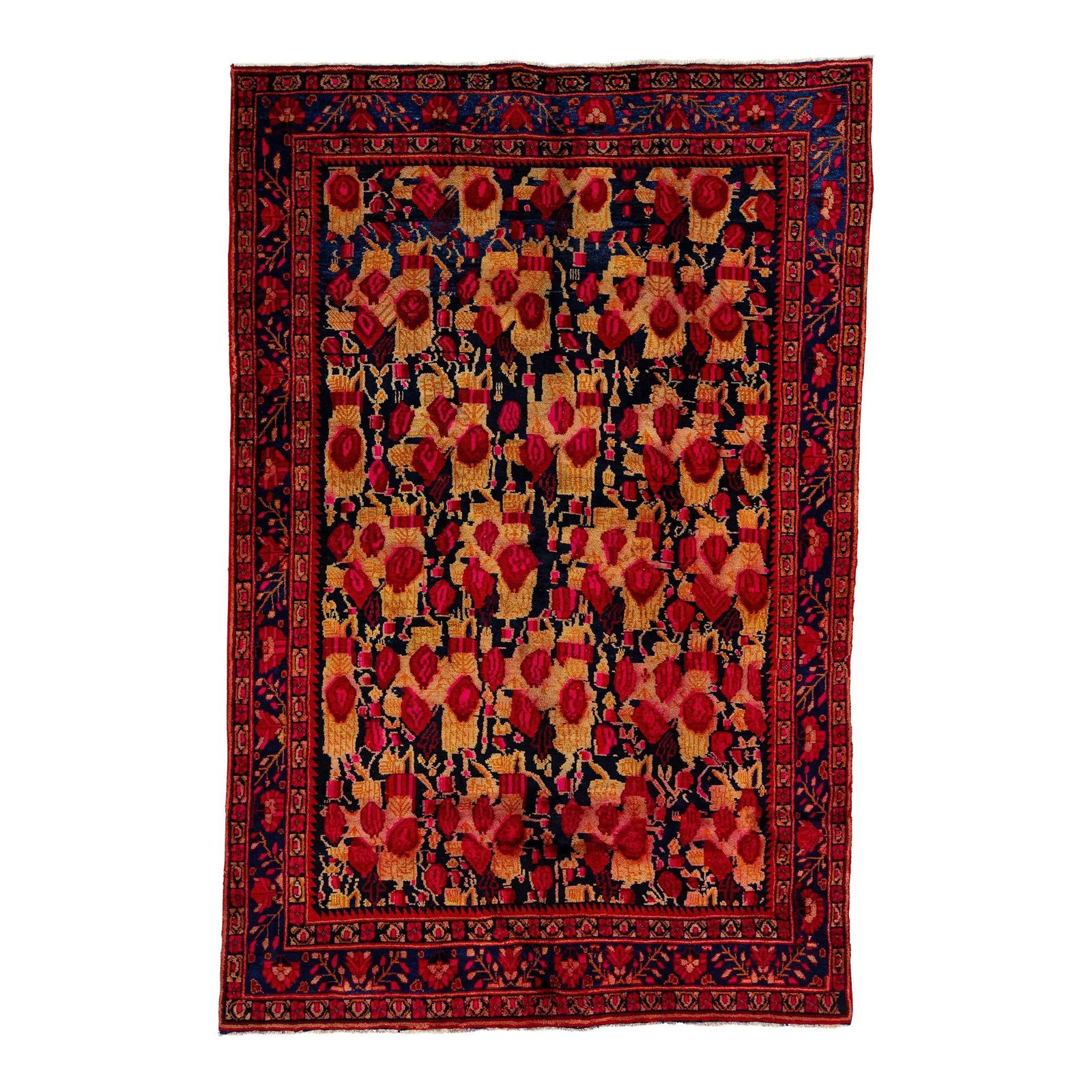 1960s Persian Bidjar Handmade Wool Rug Dark Blue Floral Design: 1960s Persian Bidjar Handmade Wool Rug Dark Blue Floral Design This exquisite hand-knotted Persian Bidjar rug features a stunning floral motif set against a deep navy blue field, beautifully accented