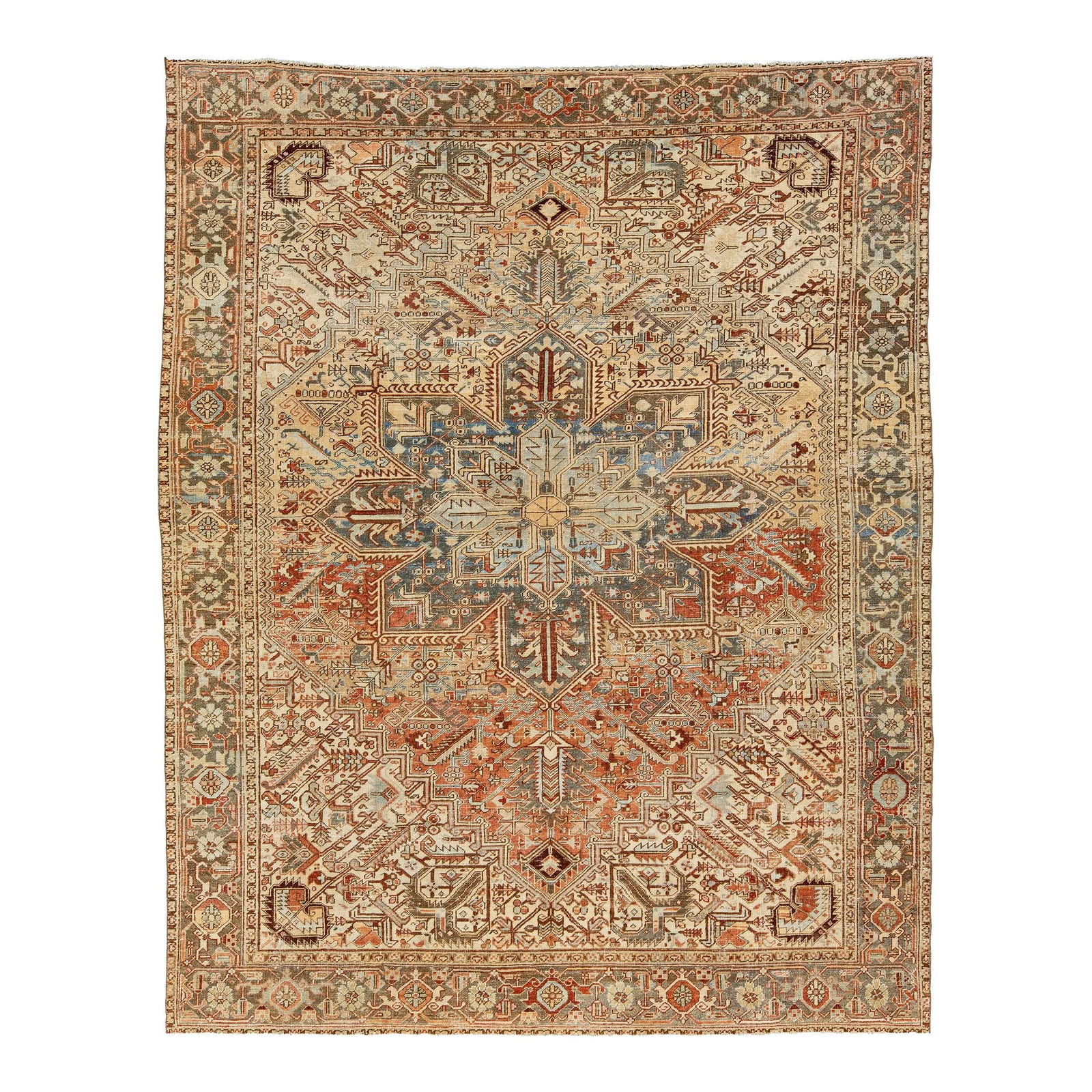 Vintage 1920s Peach Persian Heriz Wool Rug 8'8 x 10'10 Medallion Design: Vintage 1920s Peach Persian Heriz Wool Rug 8'8 x 10'10 Medallion Design This exquisite antique Persian Heriz rug, dating from the 1920s, showcases a stunning medallion motif with an allover pattern in