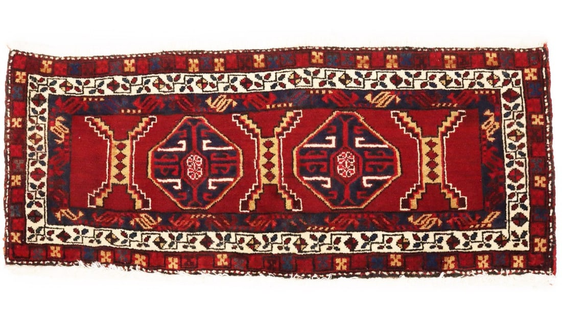 Vintage 1'8 x 4' Wool Geometric Hand-Knotted Tribal Area Rug: Vintage 1'8 x 4' Wool Geometric Hand-Knotted Tribal Area Rug This vintage hand-knotted wool rug features a striking red geometric pattern, making it a unique addition to any kitchen or living space. C