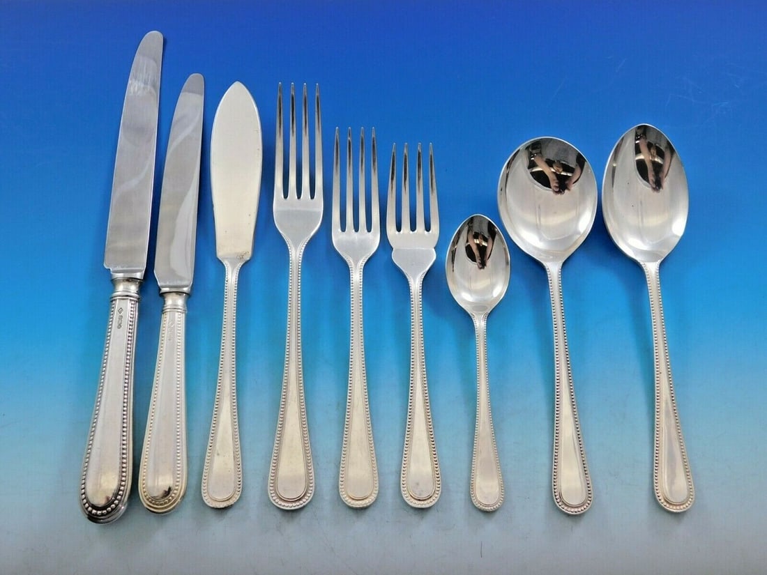 Carrs Bead Round Sterling Silver Flatware Set 87 pcs England with Storage Chest: Carrs Bead Round Sterling Silver Flatware Set 87 pcs England with Storage Chest Enhance your dining experience with this exquisite Bead Round Sterling Silver Flatware Set by Carrs, featuring 87 meticu