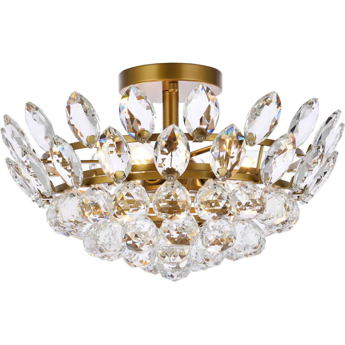 Emilia 3-Light Brass Flush Mount Chandelier with Clear Crystals 16": Emilia 3-Light Brass Flush Mount Chandelier with Clear Crystals 16" Illuminate your space with this stunning 16-inch Crystal Flush Mount Chandelier. Featuring a modern design, this chandelier is adorn