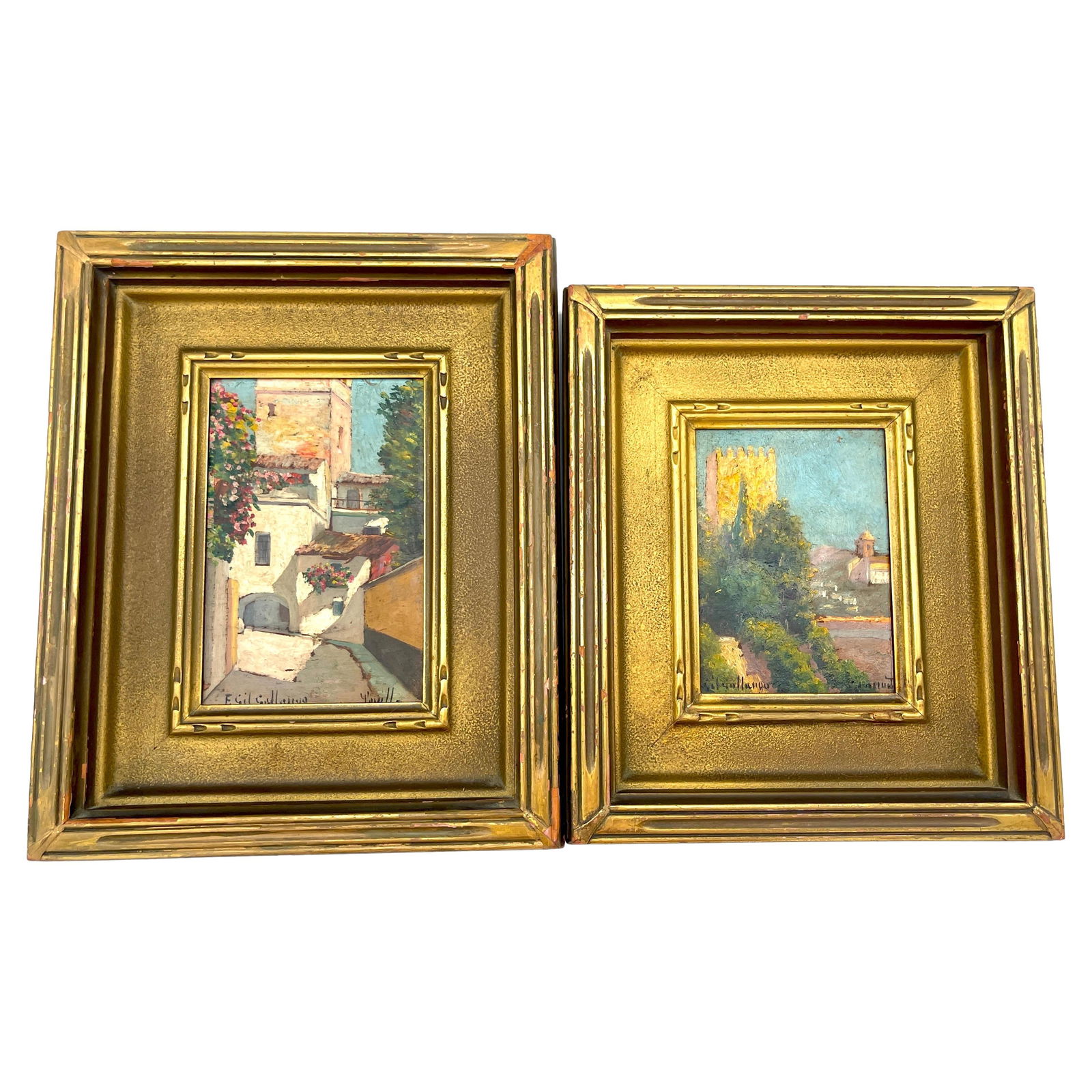 Felipe Gil Gallango Pair of Landscapes Oil Paintings Set of 2: Felipe Gil Gallango Pair of Landscapes Oil Paintings Set of 2 This stunning pair of oil-on-board landscape paintings by Felipe Gil Gallango (Spanish, 1868-1938) beautifully captures the charm of Spain