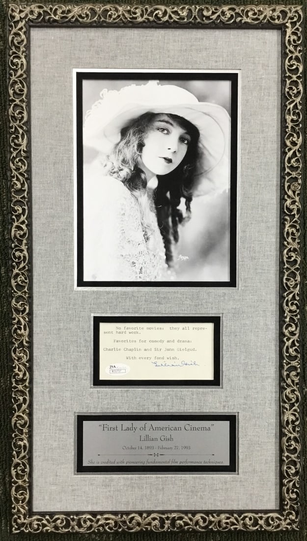 Lillian Gish Signed Note Custom Framed with JSA COA 21 x 12: Lillian Gish Signed Note Custom Framed with JSA COA 21 x 12 This exquisite piece features a signed note from Lillian Gish, an iconic figure in American cinema, beautifully custom framed. The note, mea