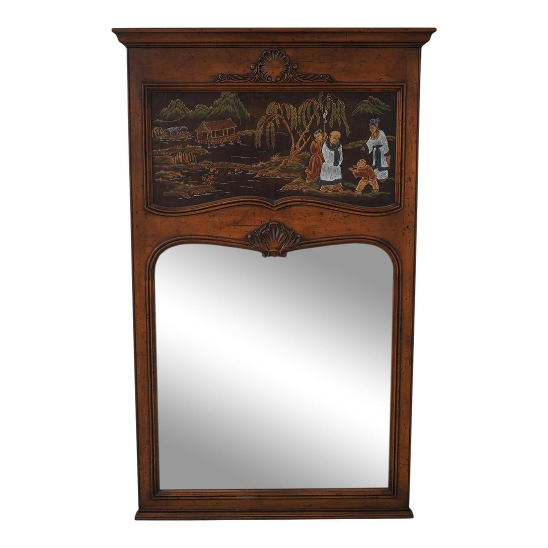 Henredon French Trumeau Mirror with Chinoiserie Design 32 x 52: Henredon French Trumeau Mirror with Chinoiserie Design 32 x 52 This exquisite Henredon French Style Trumeau Mirror features intricate Chinoiserie decoration and showcases fine carved details. Crafted