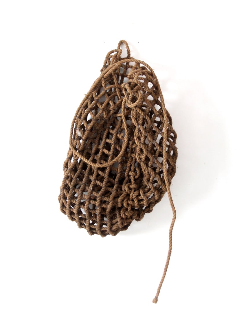 Antique Fishing Sinker Net with Metal Bindings 29 x 19 x 4: Antique Fishing Sinker Net with Metal Bindings 29 x 19 x 4 This antique fishing sinker net features a large rope bag complemented by sturdy metal bindings and a convenient top rope for hanging. It exh