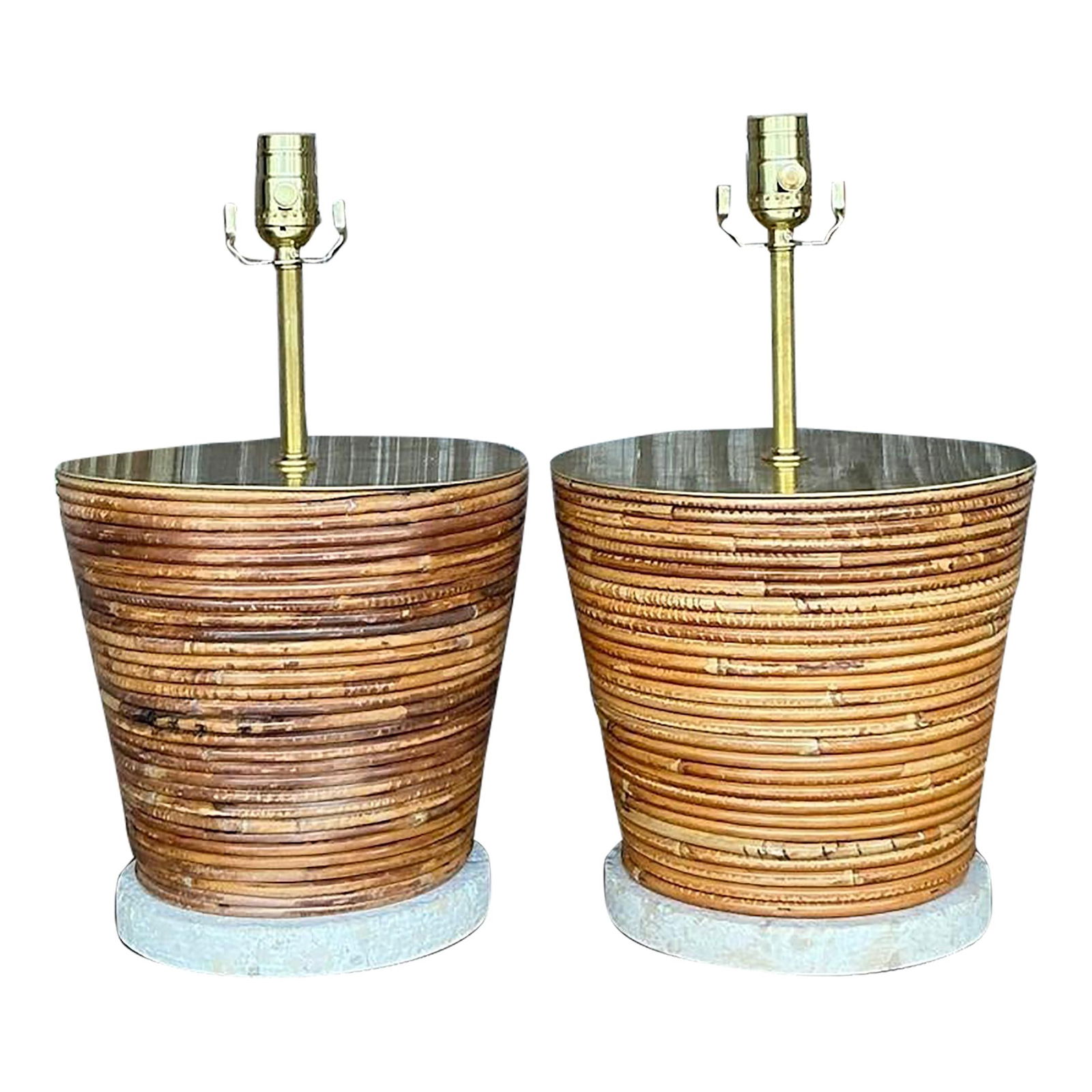 Vintage Coastal Pencil Reed Lamps Pair with Brass Accents: Vintage Coastal Pencil Reed Lamps Pair with Brass Accents Enhance your living space with this exquisite pair of vintage coastal pencil reed lamps, featuring elegant brass hardware. The beautifully tex