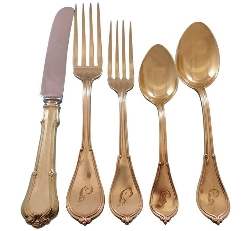 Gorham Cottage Vermeil Sterling Silver Flatware Set 64 pc with J Monogram: Gorham Cottage Vermeil Sterling Silver Flatware Set 64 pc with J Monogram This exquisite Cottage pattern flatware set by Gorham is a stunning addition to any dining collection. Composed of high-qualit
