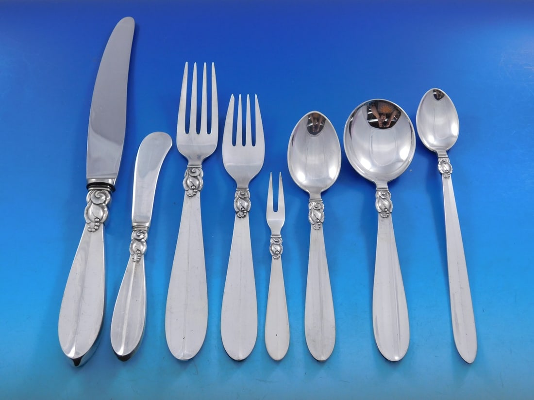 Frigast Princess Fuchsia Sterling Silver Flatware Set 73 Pcs Scandinavian Modern: Frigast Princess Fuchsia Sterling Silver Flatware Set 73 Pcs Scandinavian Modern Elevate your dining experience with the Princess Fuchsia flatware set by Frigast, showcasing exquisite Danish craftsman