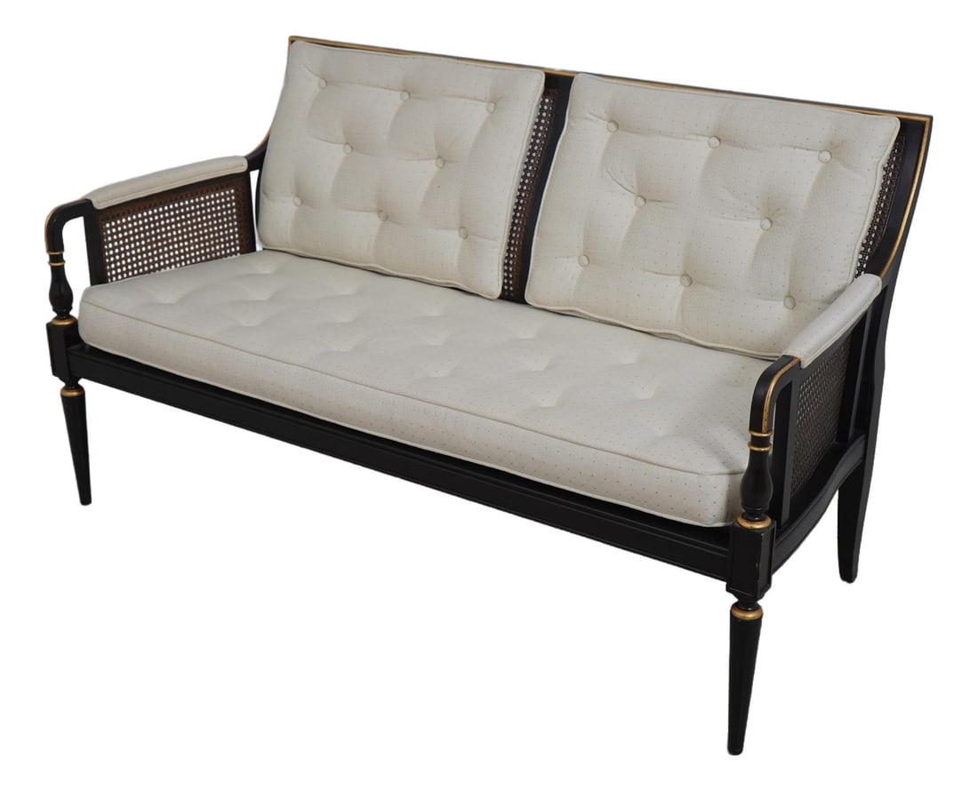 Regency Style Caned Back Settee with Gold Accents and Tufted Cushions: Regency Style Caned Back Settee with Gold Accents and Tufted Cushions This Regency Style Caned Back & Upholstered Settee is a charming addition to any home. With a sophisticated design featuring gold