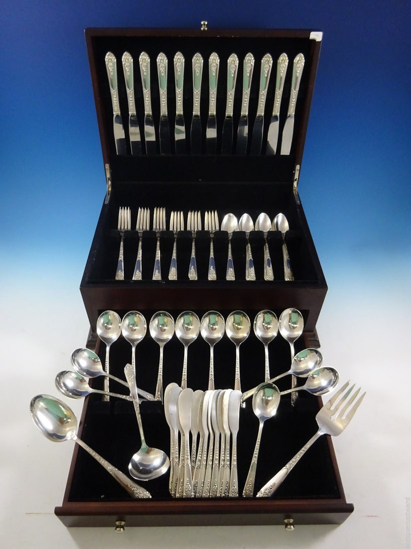 Royal Crest Promise Sterling Silver Flatware Set for 12 76 Pieces with Storage Chest: Royal Crest Promise Sterling Silver Flatware Set for 12 76 Pieces with Storage Chest This exquisite Sterling Silver Flatware Set, known as the Promise pattern by Royal Crest, is perfect for entertaini