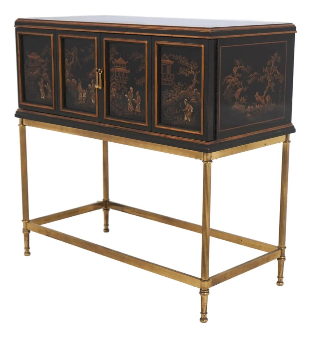 Black Lacquer Chinoiserie Cabinet with Brass Stand and Hand-Painted Asian Motifs (1 of 10)