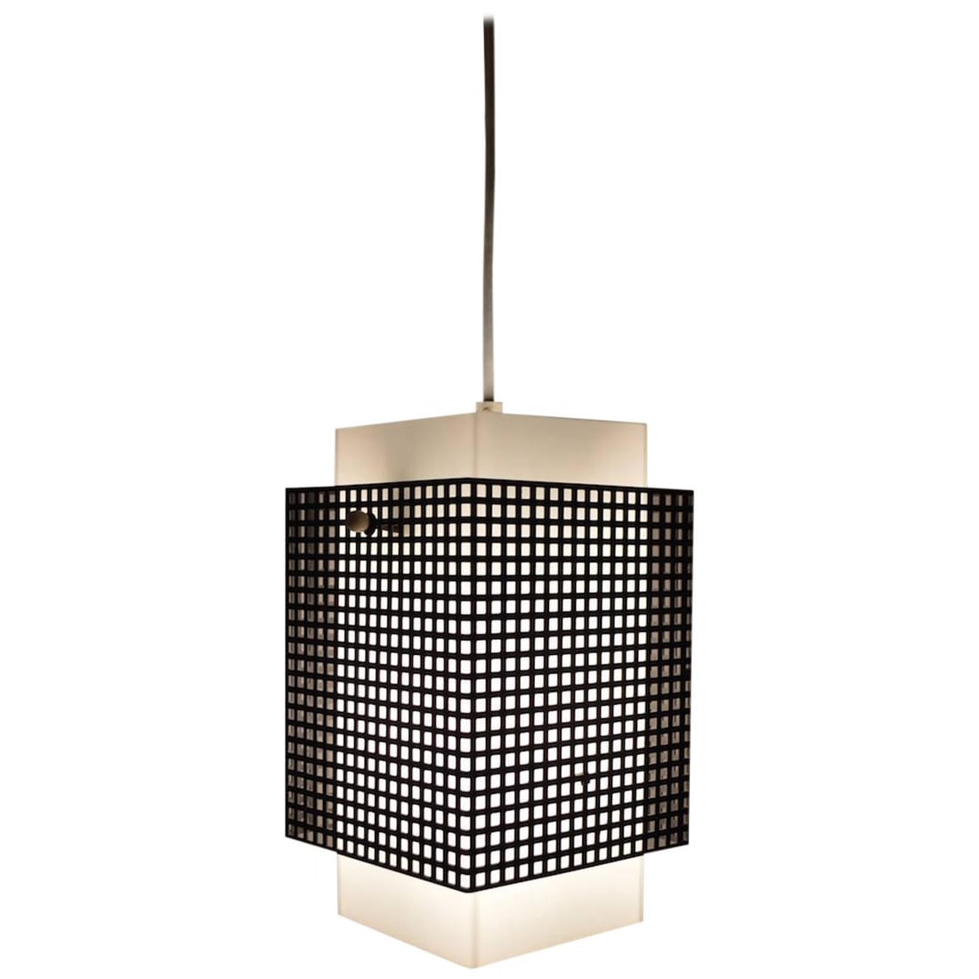 Elegant Black and White Grid Motif Pendant Chandelier: Elegant Black and White Grid Motif Pendant Chandelier Illuminate your space with this stunning Grid Motif Squared Black and White Pendant Chandelier. Featuring a perforated black metal shade that eleg