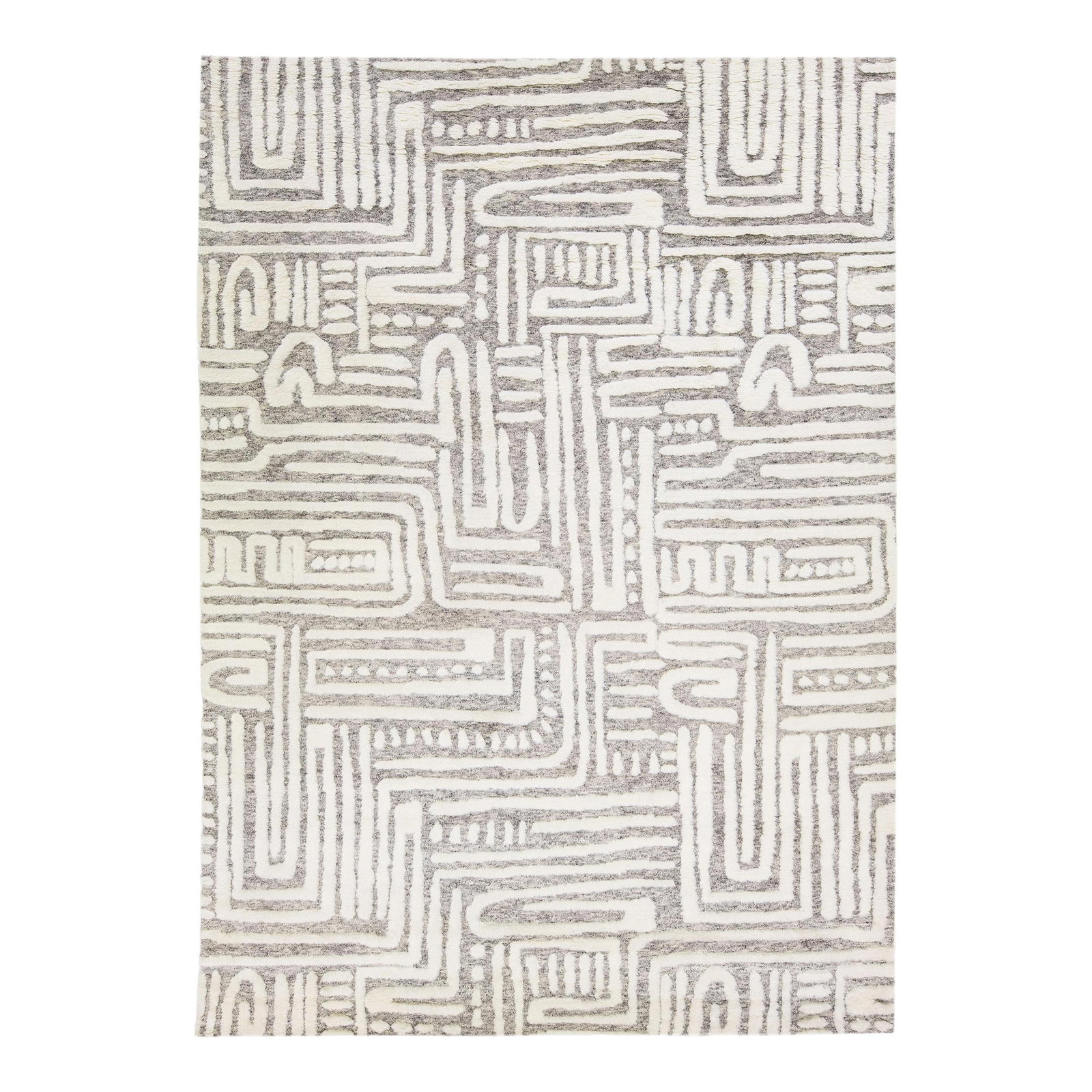 Light Grey Abstract Wool Rug 9'10 x 14: Light Grey Abstract Wool Rug 9'10 x 14 Enhance your space with this stunning modern Moroccan style hand-knotted wool rug. Featuring a light gray color field complemented by elegant ivory accents, this
