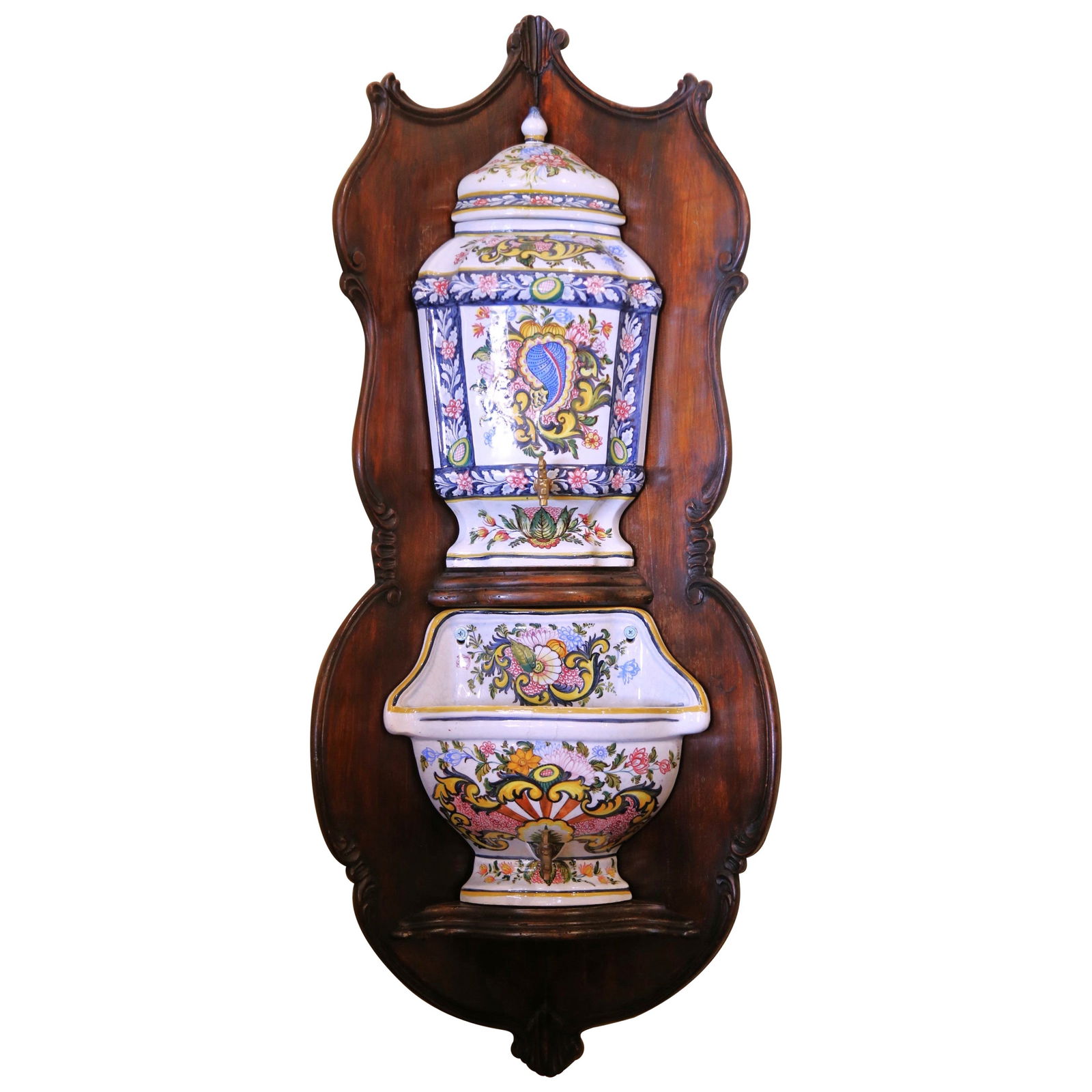 French Faience Hand Painted Wall Lavabo Fountain Attributed to Desvres: French Faience Hand Painted Wall Lavabo Fountain Attributed to Desvres This mid-century French wall-mounted lavabo fountain is attributed to Desvres and dates to around 1930. Featuring Louis XV style,