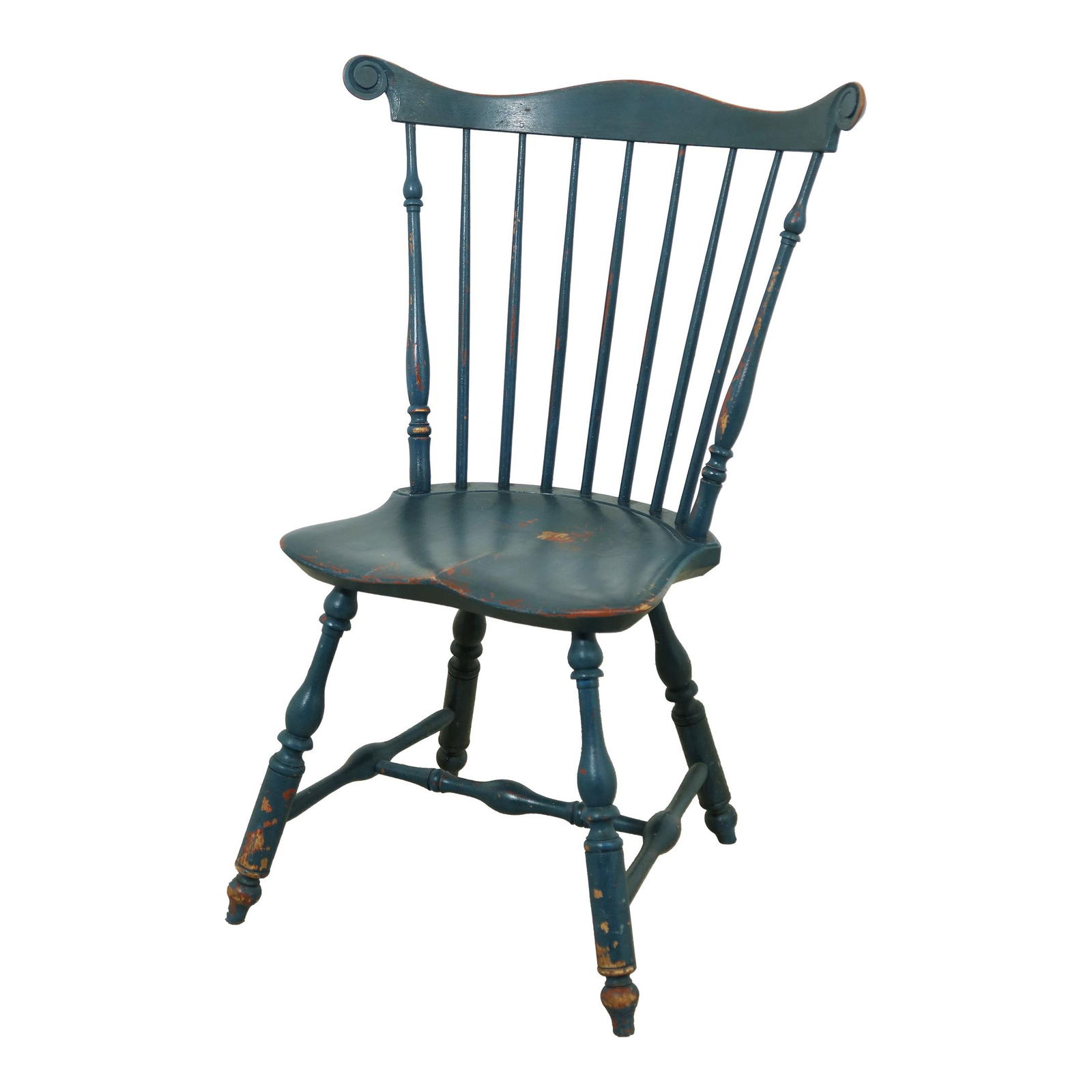 Charming Blue Windsor Side Chair with Saddle Seat and Distressing: Charming Blue Windsor Side Chair with Saddle Seat and Distressing This Blue Painted Finish Windsor Side Chair is a charming addition to any home. Approximately 30 years old, it features high-quality c