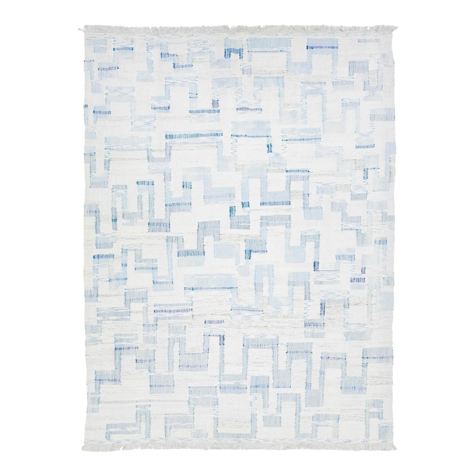 Modern Abstract Kilim Wool Rug Ivory Blue 9'9 x 13': Modern Abstract Kilim Wool Rug Ivory Blue 9'9 x 13' Enhance your living space with this stunning Contemporary Abstract Kilim Flatweave Wool Rug. Featuring a chic ivory base adorned with an eye-catchin