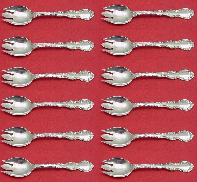 Gorham Strasbourg Sterling Silver Ice Cream Forks Set of 12: Gorham Strasbourg Sterling Silver Ice Cream Forks Set of 12 This exquisite set of 12 ice cream forks from Gorham features the elegant Strasbourg pattern, crafted from high-quality sterling silver. Per