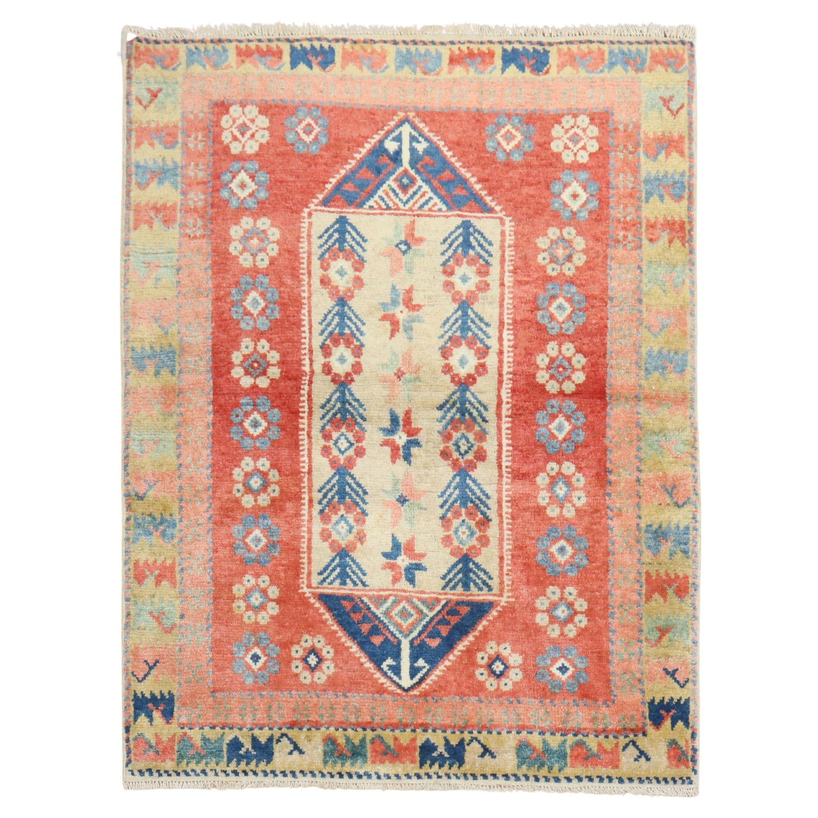 Vintage Turkish Anatolian Hand-Knotted Wool Rug 40 x 51 in Red: Vintage Turkish Anatolian Hand-Knotted Wool Rug 40 x 51 in Red This stunning vintage Turkish Anatolian scatter rug showcases a beautiful Greco Roman style, woven with meticulous hand-knotting techniqu