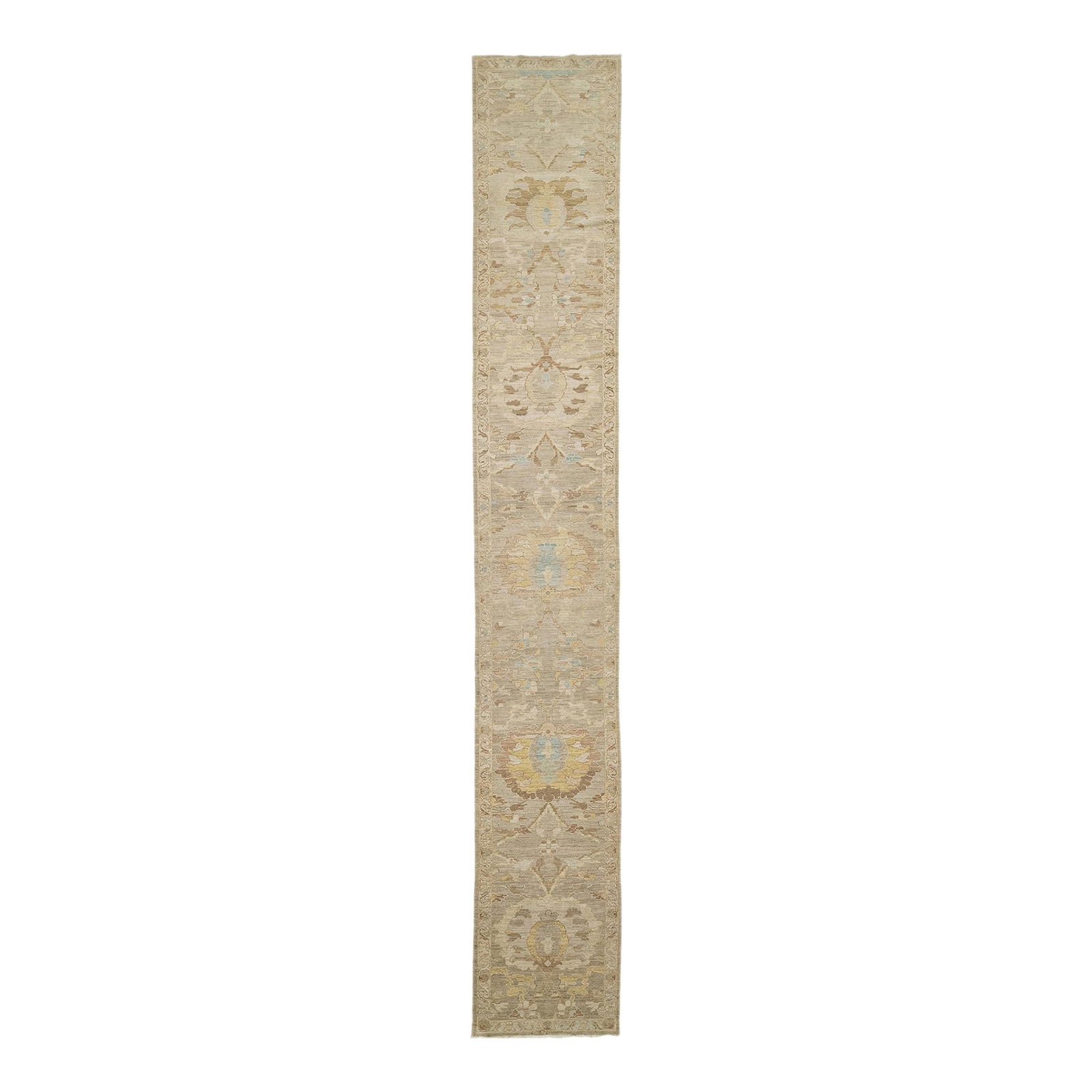 Handmade Beige Wool Runner 3'2" x 21' Floral Design: Handmade Beige Wool Runner 3'2" x 21' Floral Design This exquisite hand-knotted wool runner features a soft beige background beautifully accented with an intricate blue and brown floral design. Measur