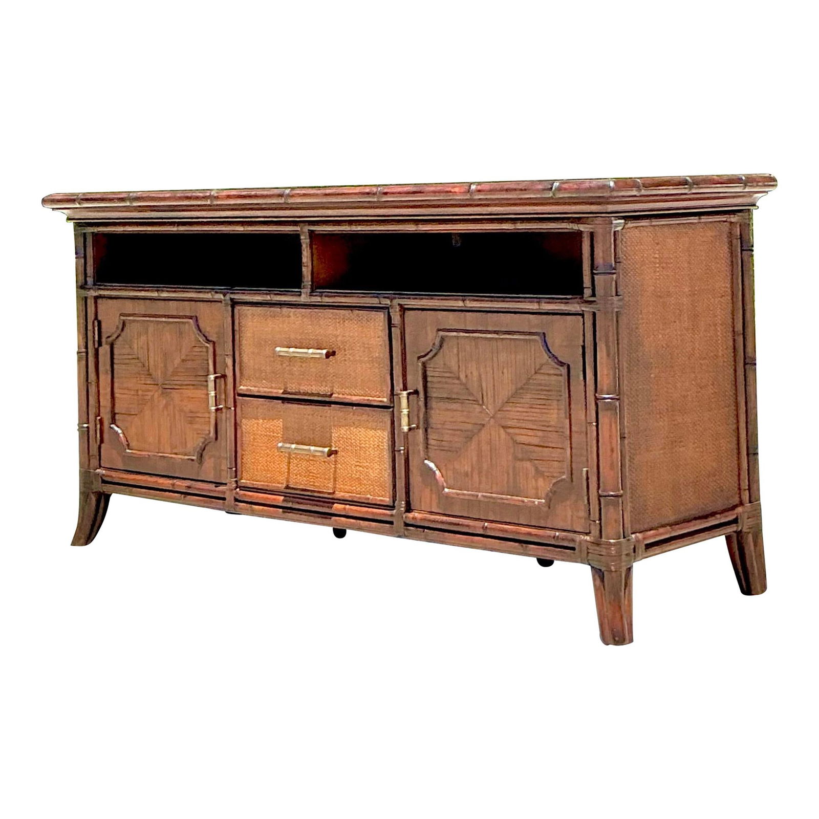 Vintage Coastal Sligh Rattan Credenza with Inset Design: Vintage Coastal Sligh Rattan Credenza with Inset Design Experience coastal sophistication with this Vintage Coastal Sligh Inset Rattan Credenza. Featuring intricate rattan detailing and a refined inse
