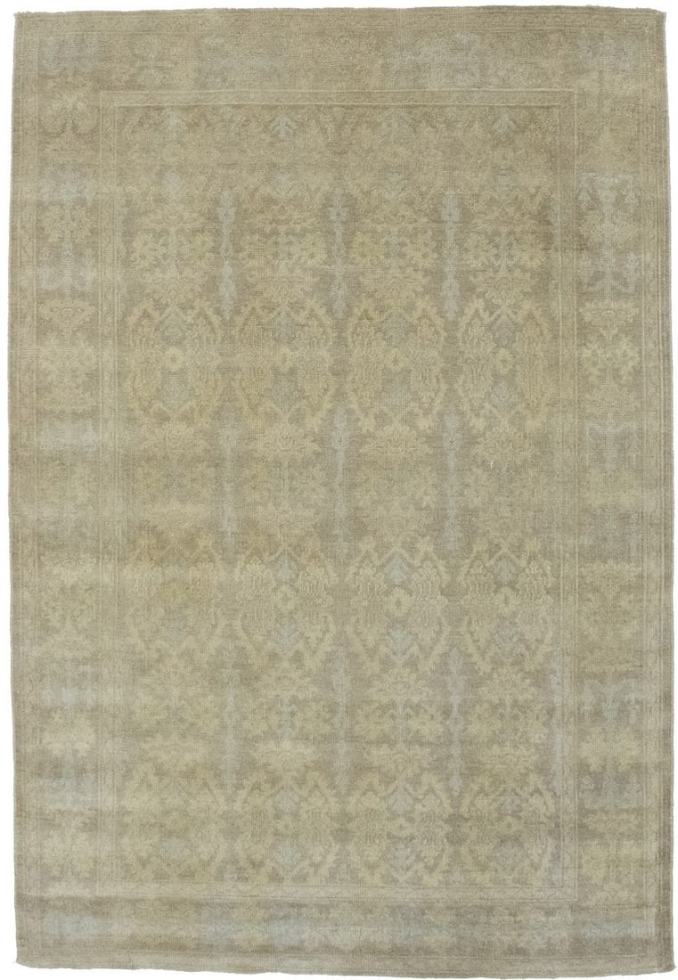 Handmade 6'1 x 8'11 Wool Area Rug Chobi Peshawar Style Modern Muted Tones: Handmade 6'1 x 8'11 Wool Area Rug Chobi Peshawar Style Modern Muted Tones This hand-knotted Chobi Peshawar rug features a muted, washed-out palette with tan, buff, and cyan tones. Crafted from wool, i