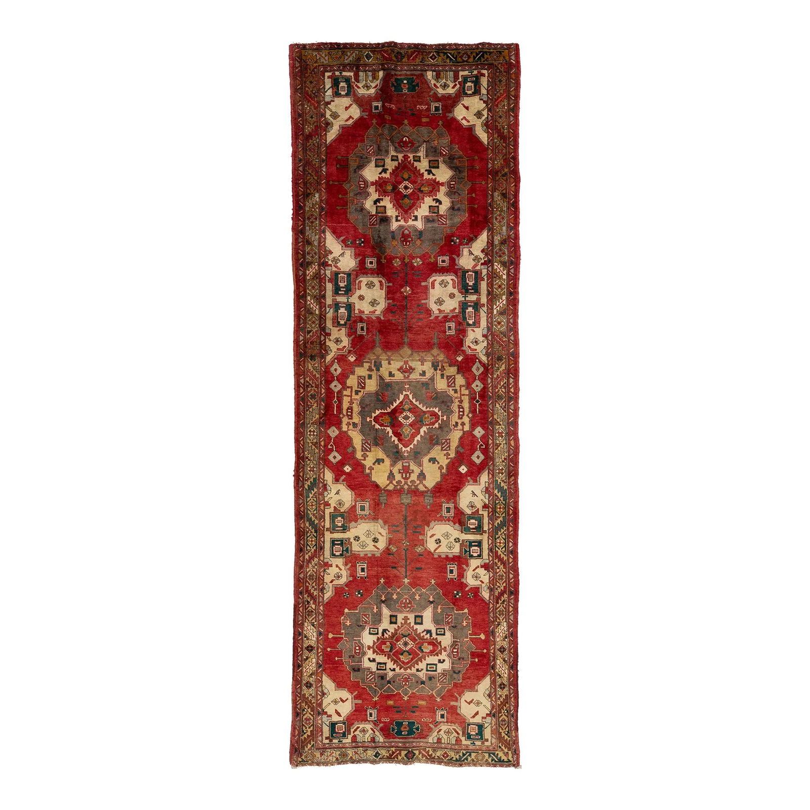 1920s Persian Heriz Handmade Wool Runner Red Design 4'5 x 14'2: 1920s Persian Heriz Handmade Wool Runner Red Design 4'5 x 14'2 This stunning 1920s Persian Heriz wool runner features an intricate allover design with a rich red field complemented by elegant tan and