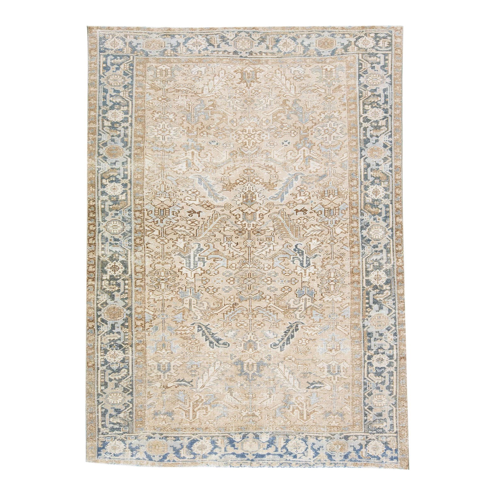 Antique Heriz Persian Wool Rug 7'3 x 10' Beige Blue Floral Design: Antique Heriz Persian Wool Rug 7'3 x 10' Beige Blue Floral Design Enhance your space with this stunning antique Heriz hand-knotted wool rug, featuring a warm beige field complemented by a striking blu