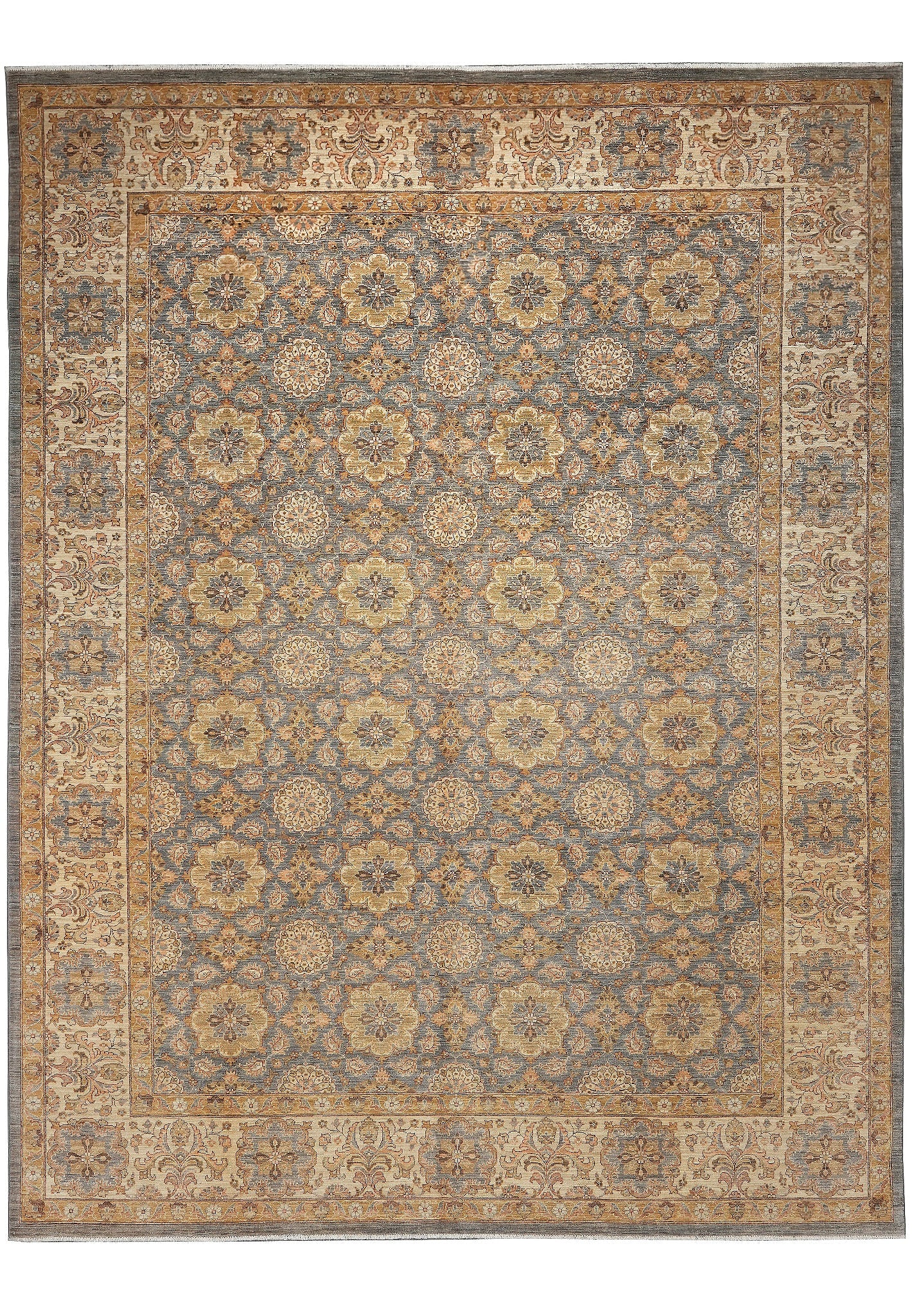 Chobi Peshawar Hand Knotted Wool Rug 110 x 140 in Zigler Pattern Pakistan: Chobi Peshawar Hand Knotted Wool Rug 110 x 140 in Zigler Pattern Pakistan Free continental US Shipping This Chobi Peshawar area rug measures 9.2 x 11.8 feet and is expertly hand-knotted in Pakistan. M
