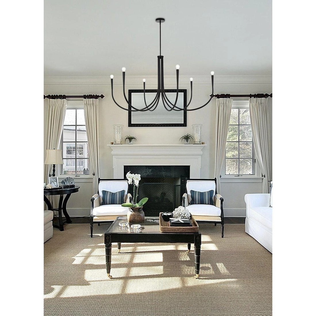 55 Inch Black Farmhouse Chandelier by Living District 6 Light Adjustable: 55 Inch Black Farmhouse Chandelier by Living District 6 Light Adjustable Illuminate your space with this stunning 55-inch black chandelier, designed in a charming farmhouse style. This adjustable heig
