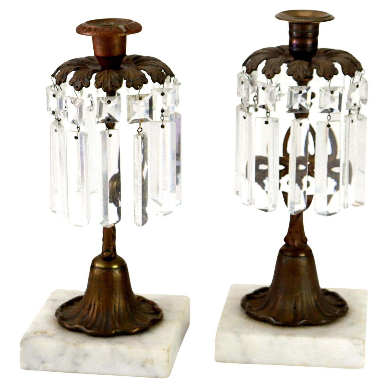 Set of Two Bronze Marble and Crystal Candelabra Circa 1890: Set of Two Bronze Marble and Crystal Candelabra Circa 1890 This pair of antique single candle candelabras from circa 1890 features foliate cast bronze columns adorned with cut crystal elements and set