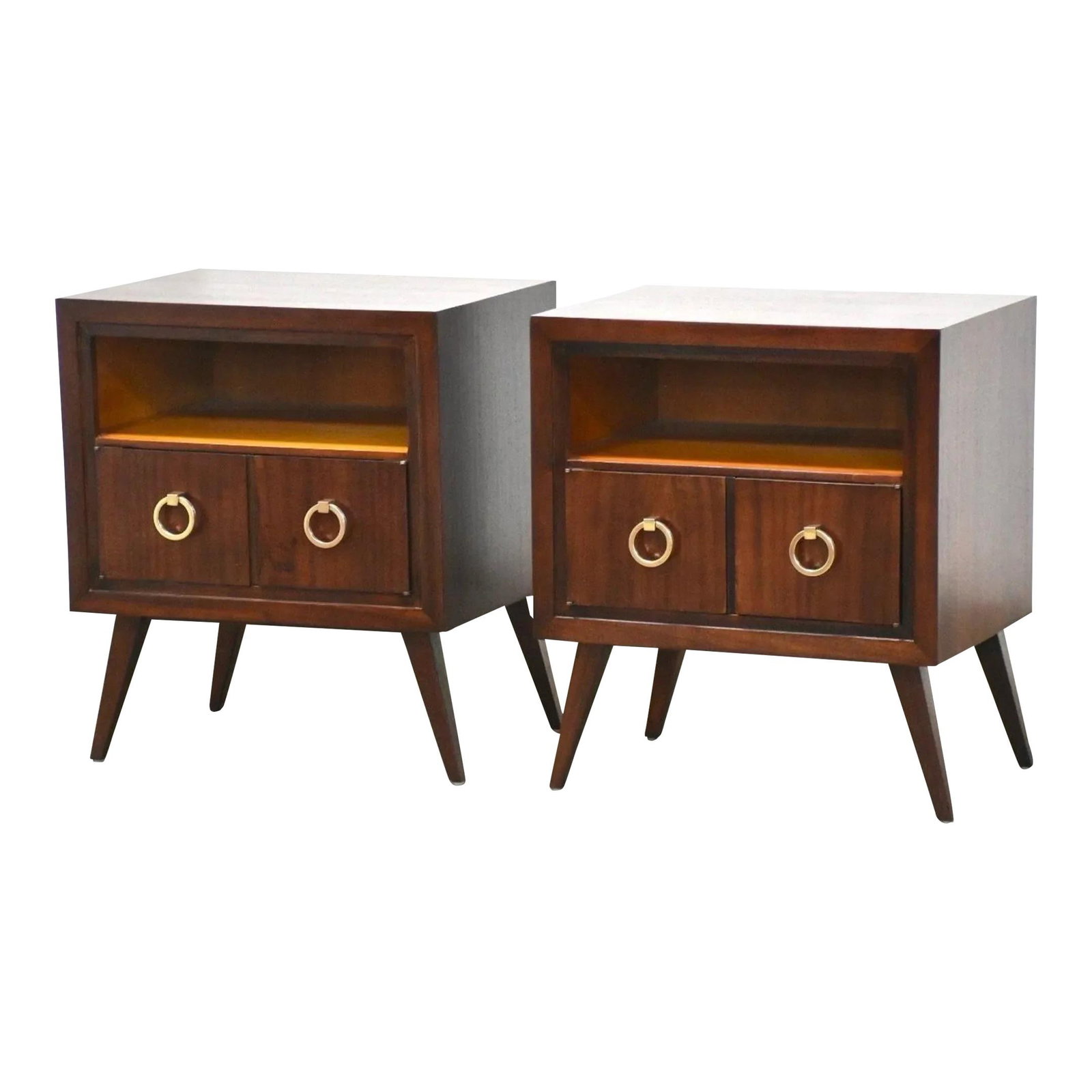 Mid-Century Modern Tommy Parzinger Style Mahogany Nightstands Pair: Mid-Century Modern Tommy Parzinger Style Mahogany Nightstands Pair This elegant pair of mid-century modern nightstands showcases a classic mahogany finish, highlighting polished brass ring pulls and s