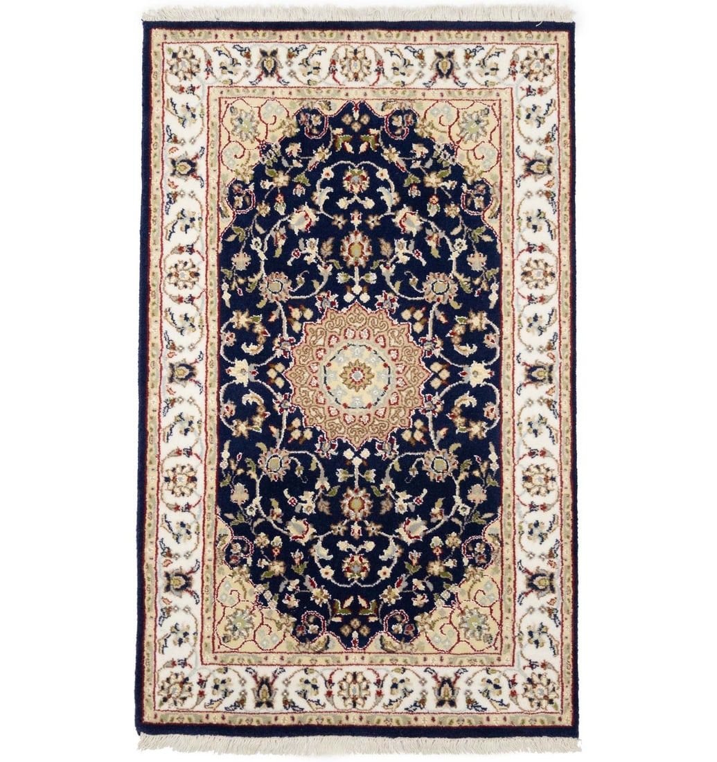 Handmade Dark Navy Floral Wool & Silk Rug 2'7 X 4'2 ft: Handmade Dark Navy Floral Wool & Silk Rug 2'7 X 4'2 ft Enhance your living space with this exquisite Handmade Dark Navy Indo-Nain Oriental Rug featuring a beautiful floral design. Crafted in India, th