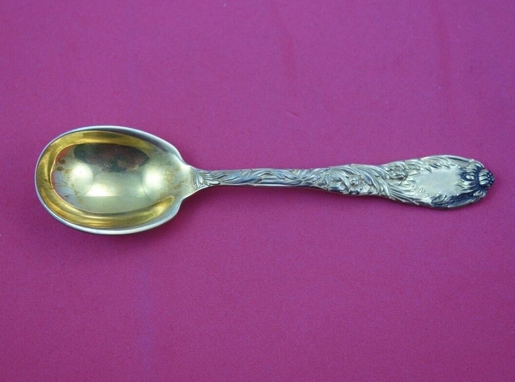 Tiffany & Co Chrysanthemum Vermeil Sterling Silver Sugar Spoon 6": Tiffany & Co Chrysanthemum Vermeil Sterling Silver Sugar Spoon 6" This exquisite 6" sugar spoon features the iconic Chrysanthemum pattern by Tiffany & Co. Crafted from high-quality sterling silver wit