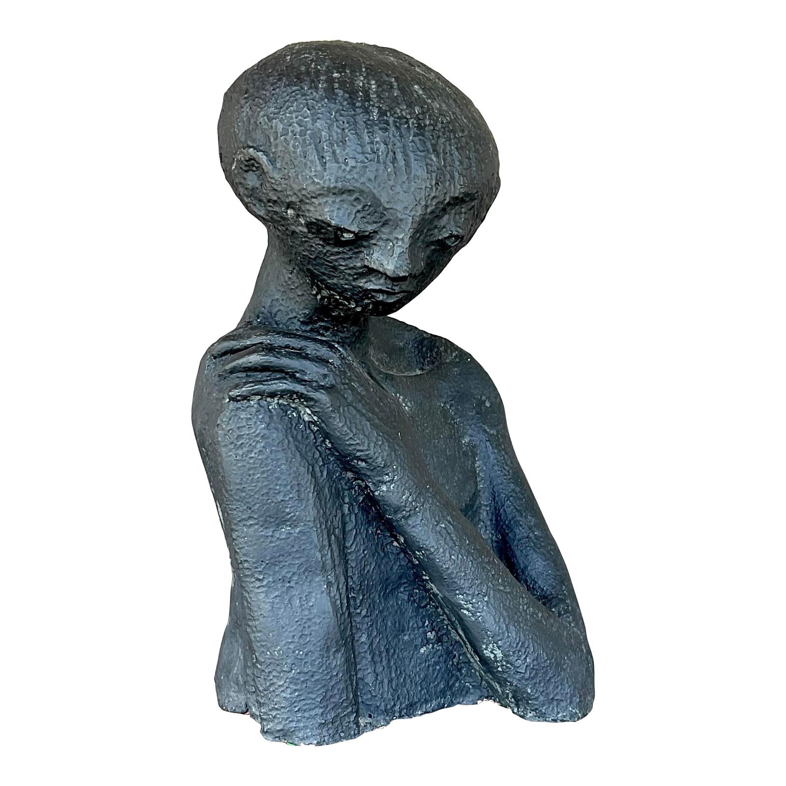 Vintage Boho Terracotta Man Sculpture 16.5" Tall: Vintage Boho Terracotta Man Sculpture 16.5" Tall Discover a stunning vintage Boho terracotta sculpture depicting an abstract representation of a man. This unique piece showcases a mottled black finish