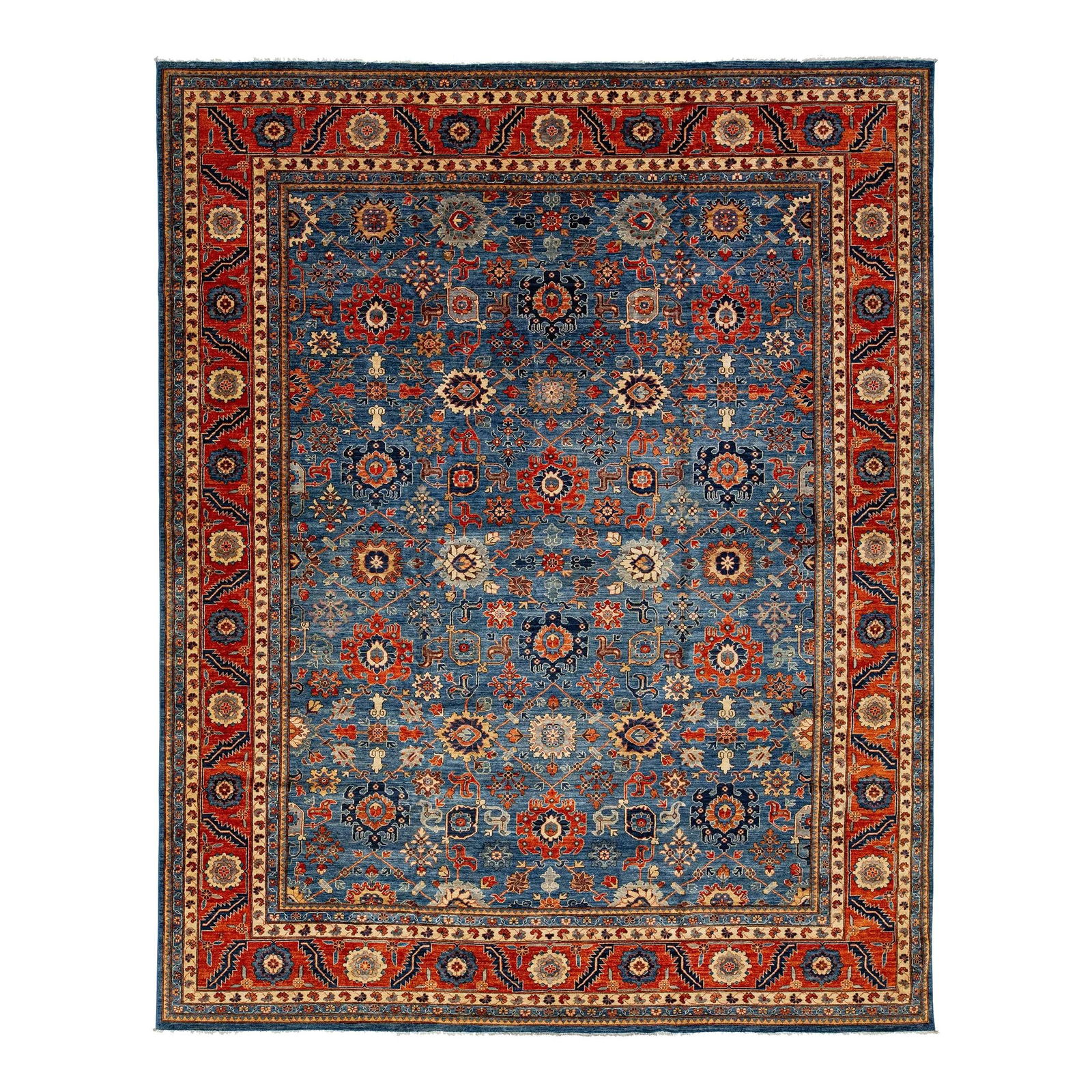 Floral Serapi Style Hand-Knotted Wool Rug 12'1" x 15'1" Navy Blue: Floral Serapi Style Hand-Knotted Wool Rug 12'1" x 15'1" Navy Blue Transform your space with this exquisite Serapi-style hand-knotted wool rug, featuring a striking navy blue field. The vibrant red-des