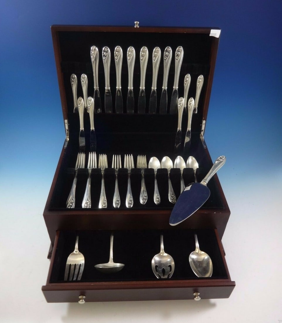 Gorham Lily of the Valley Sterling Silver Flatware Set 45 Pieces for 8 Service: Gorham Lily of the Valley Sterling Silver Flatware Set 45 Pieces for 8 Service Experience the elegance of the Lily of the Valley sterling silver flatware set by Gorham, designed for 8 service and comp