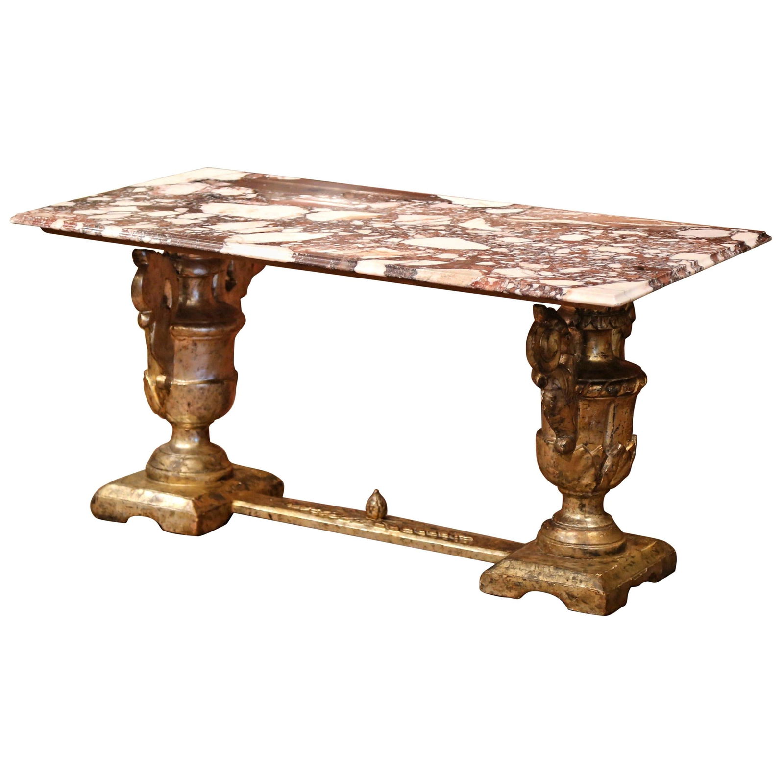19th Century Italian Carved Silver Leaf Trestle Coffee Table with Marble Top: 19th Century Italian Carved Silver Leaf Trestle Coffee Table with Marble Top Enhance your formal living space with this exquisite 19th Century Italian Marble Top Carved Silver Leaf Trestle Coffee Tabl