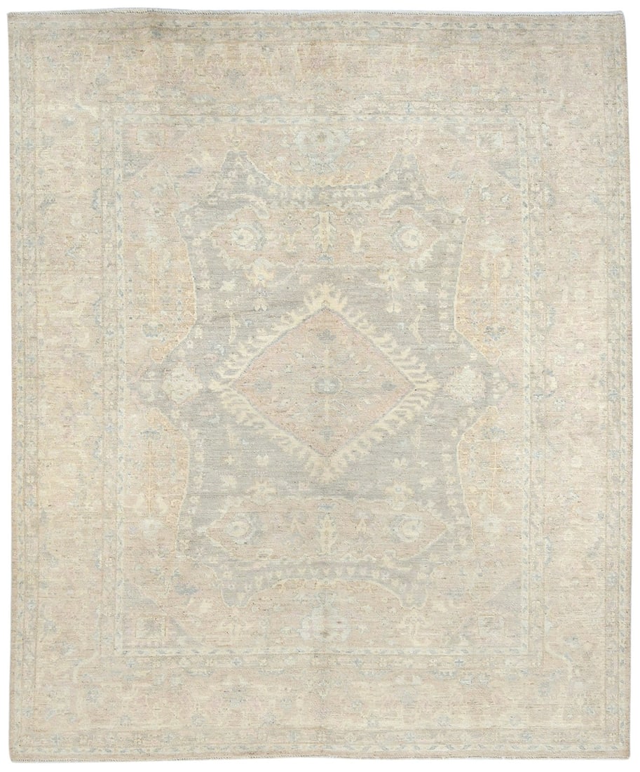 Hand-Knotted Floral Oushak Area Rug 8'2 x 9'10 Wool Modern Design: Hand-Knotted Floral Oushak Area Rug 8'2 x 9'10 Wool Modern Design Enhance your living space with this exquisite Floral Oushak Peshawar Oriental Rug, meticulously hand-knotted in Pakistan. With its cap