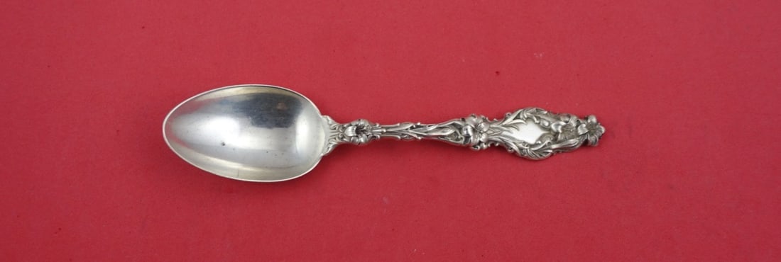 Whiting Lily Sterling Silver Pap Spoon Monogrammed 6 1/8": Whiting Lily Sterling Silver Pap Spoon Monogrammed 6 1/8" This exquisite spoon features the rare "Lily" pattern by Whiting Manufacturing Company, showcasing the elegance of Art Nouveau design. Crafted