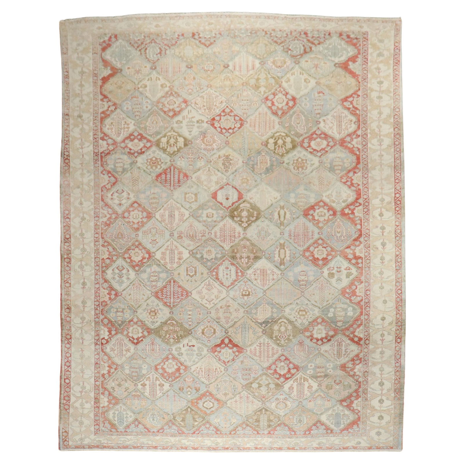 Zabihi Antique Persian Bakhtiari Rug 10 x 13'8 Hand-Knotted Wool: Zabihi Antique Persian Bakhtiari Rug 10 x 13'8 Hand-Knotted Wool Experience the charm of the early 20th century with this exquisite Antique Garden Design Persian Bakhtiari Rug. Measuring 10' x 13'8''