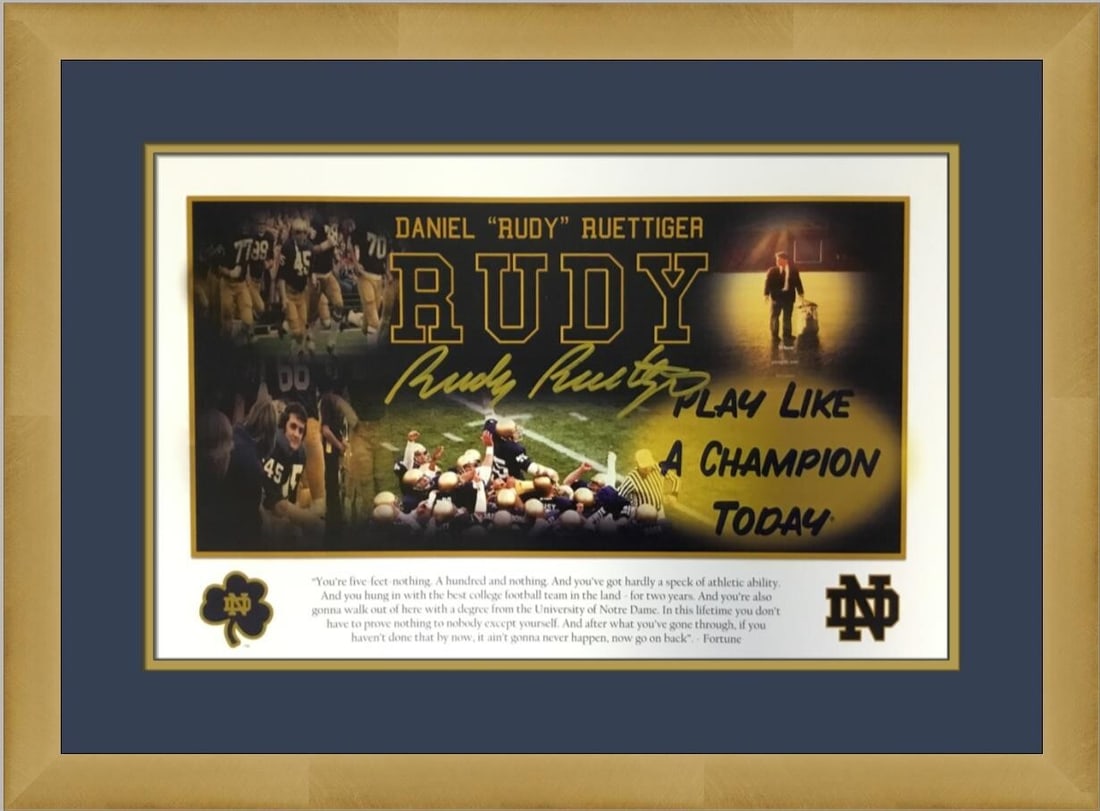Rudy Ruettiger Signed Notre Dame Print Custom Framed 11 x 17: Rudy Ruettiger Signed Notre Dame Print Custom Framed 11 x 17 This is an original print of Rudy Ruettiger, a celebrated player of the Notre Dame Fighting Irish football team. The print is custom framed