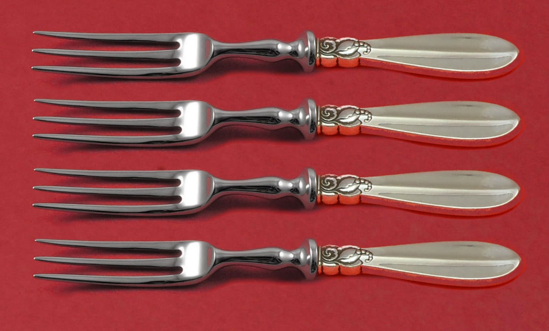 Frigast Princess Fuchsia Sterling Silver Fork Set 4pc 6 Inch: Frigast Princess Fuchsia Sterling Silver Fork Set 4pc 6 Inch Introducing the Princess Fuchsia Sterling Silver Fruit Fork Set, crafted by Frigast. This exquisite 4-piece set features hollow handles mad